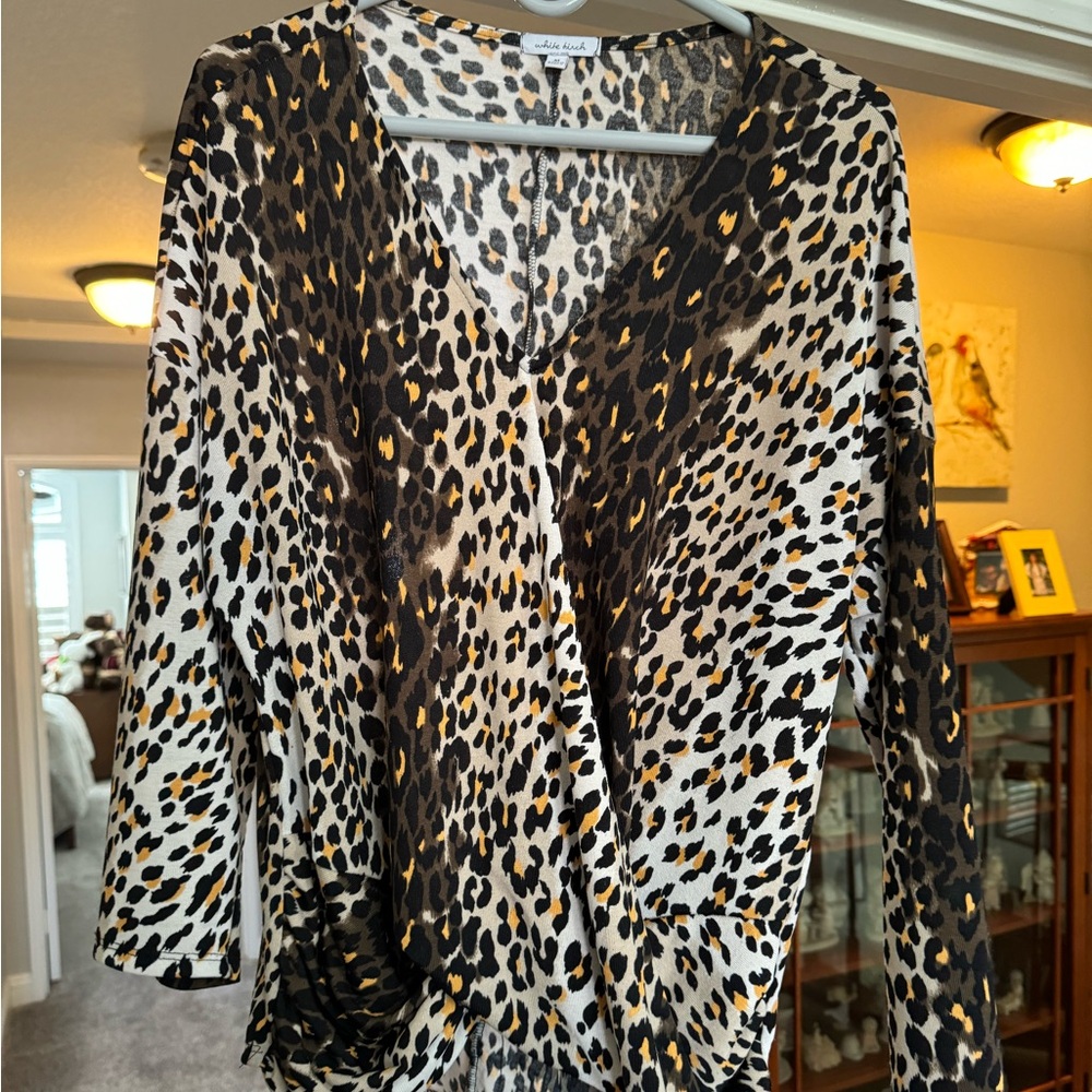 White Birch blouse, sheer 3/4 sleeves. Size M fits 12-14. Cheetah print. SOLD